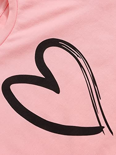 Image of OYOANGLE Girl's 2 Pieces Outfits Heart Print Round Neck Short Sleeve Tee Top and Shorts Set
