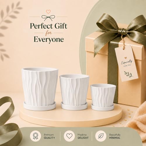 Image of Xtore Elegant Ribbed Ceramic Planter Pot Set with Drain Trays for Indoor & Outdoor Plants | Modern Minimal Flower Pots for Living Room, Balcony & Office Styling (White, Set of 3 Sizes) (Planter only)