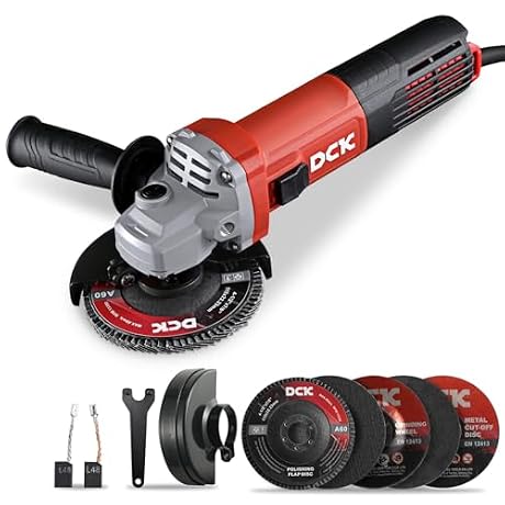 DCK 9.0Amp Angle Grinder 1100W, 4-1/2 Inch Electric Grinder Power Tool, 11800 RPM, Auxiliary Handle 2 Safety Guards, 6 Piece Discs, Copper Angle Grinder for Cutting, Grinding, Polishing (KSM17-115B)