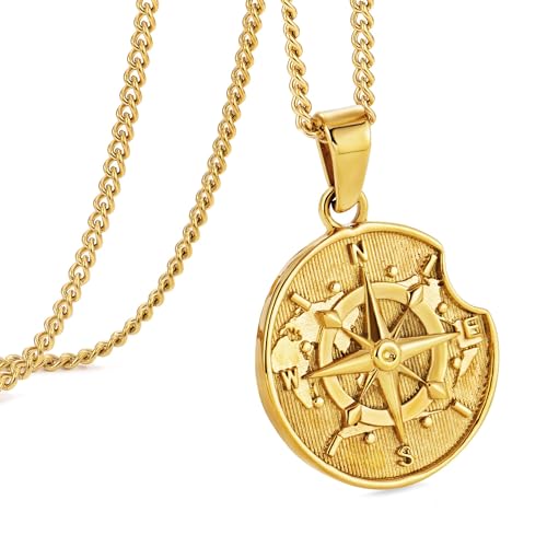 murtoo Compass Pendant Necklace for Men, Gold Silver Stainless Steel