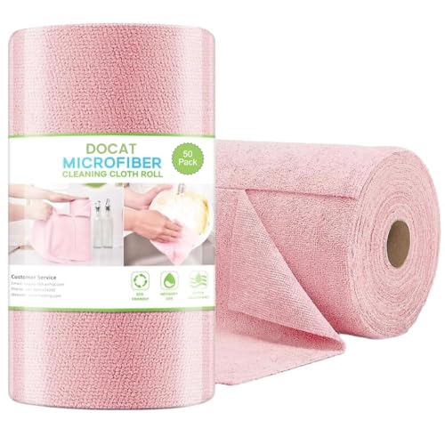 Image of DOCAT Microfiber Cleaning Cloth Roll 25x25 cm, Reusable and Washable Tear-Away Kitchen Towel Roll, Very Soft Cleaning Cloths for Home, Kitchen, Office, Electronics, Car Cleaning (Pink, 50 Pack)