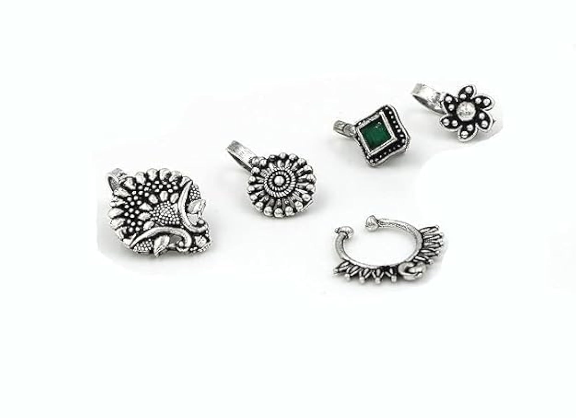 Women's Oxidised Silver-Toned Colorful Designer Nose Pin