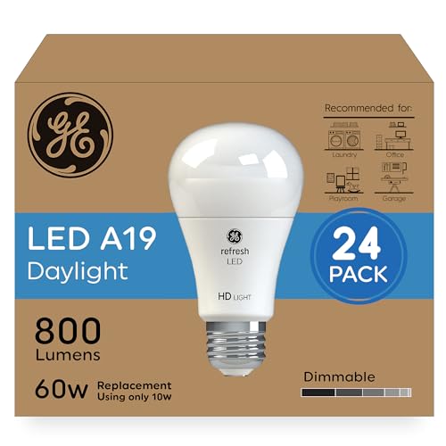 GE Refresh HD LED Light Bulbs 60W Replacement, Daylight, A19 General Purpose, Dimmable, Energy-Saving Bright White Light for Active Spaces, 10W 800 Lumens, Long-Lasting (24 Pack)