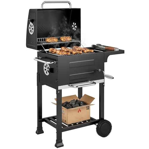 Outsunny Barbacoa de Carbón Portátil, Barbacoa de Carbón con Termómetro, Ventilación Ajustable, Parrilla de Acero Inoxidable, Estante Lateral, Tapa, Bandeja Cenizas, Ruedas, Estante Inferior, Negro