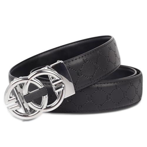 Image of Aurolran Men&Womens Leather Dress Belt Business Automatic Buckle Belt Color-Black Silver Gold