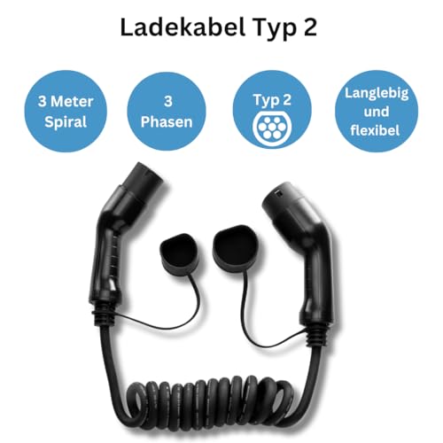 Câble de recharge EV Type 2 triphasé 32A avec câble spirale 3m pour véhicule électrique