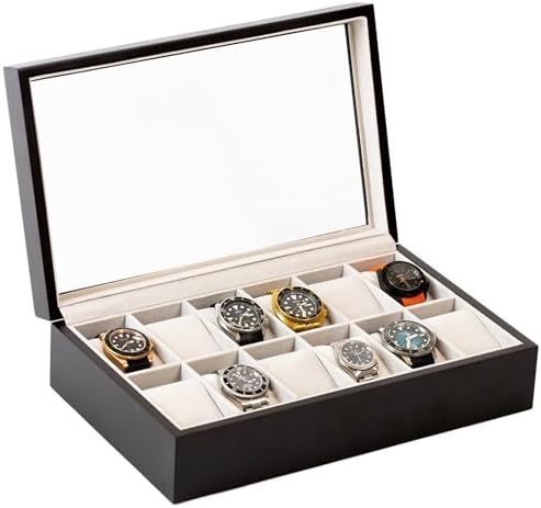 CASE ELEGANCE Dark Brown Solid Wood Watch Organizer Box with Glas...