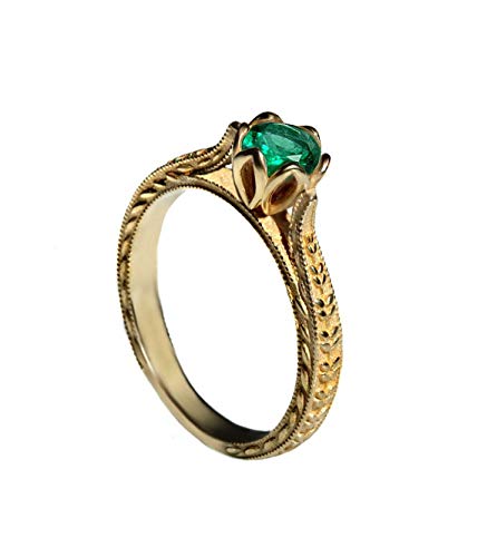 Solitaire Natural Half carat Green Emerald flower Engagement ring engraved vintage style leaves 14k 18k gold All colors DINAR jewelry E121