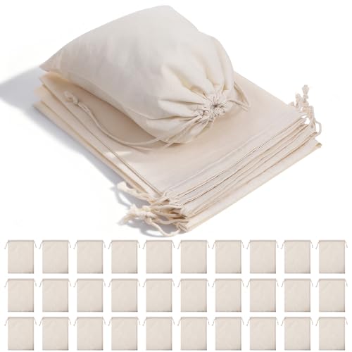 AojSup 30 Pcs Cotton Drawstring Bags, Natural Cotton Muslin Bags with Drawstring Closure - Reusable White Breathable Fabric Pouches for Gift Packaging, Wedding Favors & Storage (8 x 10 inch)