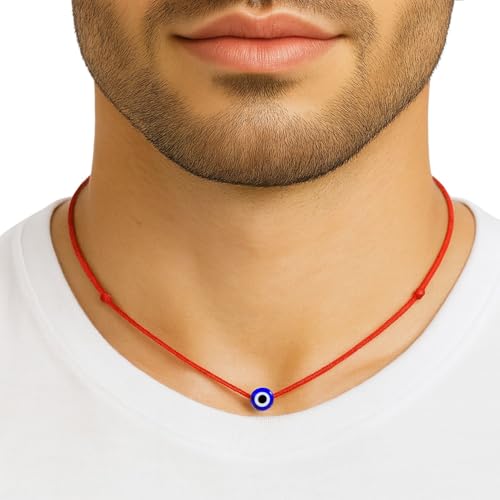 Adjustable Evil Eye Choker Necklace – Handmade Protection Talisman with Blue Turkish Glass Bead | Red & Black Nylon Cord for Men, Women & Teens (red)