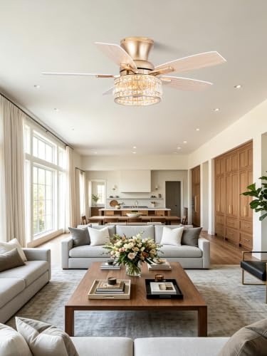 Image of 42 inch Flush Mount Crystal Ceiling Fan with Lights White and Gold