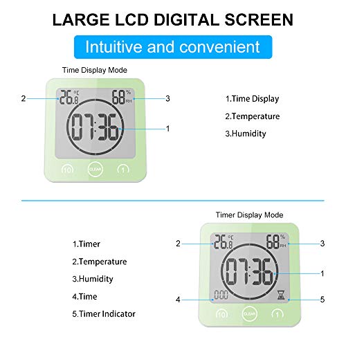 Shower Clock Waterproof Wall Clock Bathroom Clock Sunsbell Shower Cock Digital Temperature Humidity Display With Suction Cup, Touch Screen Timer For Kitchen Bathroom #TOP7