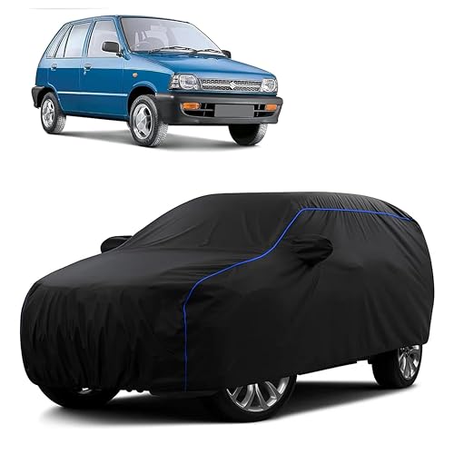 Image of Sulfar 100% Water Resistant Car Body Cover Compatible with Mirror for Maruti Suzuki 800 (Triple Stitched, Full Bottom Elastic, Black Tafetta with Blue Piping)