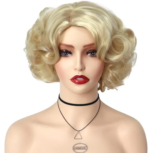 GNIMEGIL Short Blonde Curly Wig Layered Big Wavy Wigs For