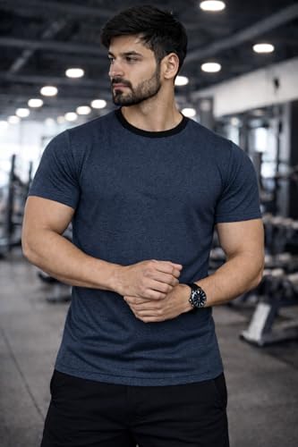Image of Men's Solid Gym T-Shirt | Slim Fit Gym & Training Tee | Breathable Stretch Fabric | Round Neck Sports Wear for Workout