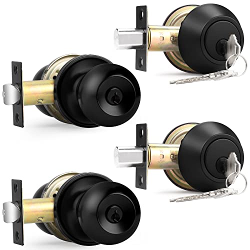 Probrico Flat Black Double Cylinder Handleset Combo Pack Keyed Alike Entry Knobs with Deadbolts Exterior Hardware for Outside Gate and Front Door 2 Pack by Probrico - Used condition - US$45.10