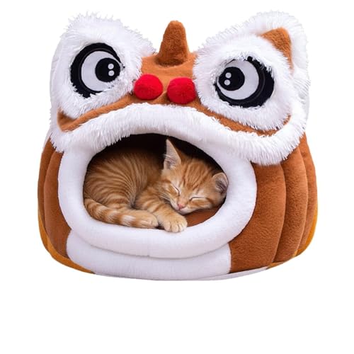 Chinese Lion Dance Cats Nest, Cute Lion Face Hideout for Cats, All-Around Windproof Soft Cushion, Removable Washable Cover, Non-