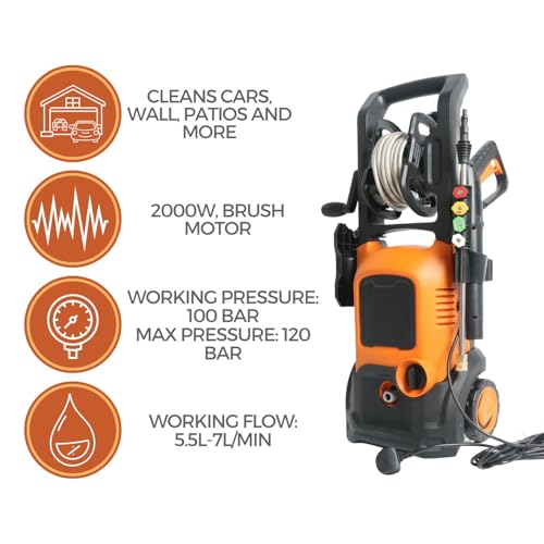 2000W Electric Pressure Washer with Hose Reel | Max 120 Bar Power Jet Washer for Cars, Patios, Driveways & Garden | Adjustable Nozzle, Detergent Tank & 5M High Pressure Hose - Image 2
