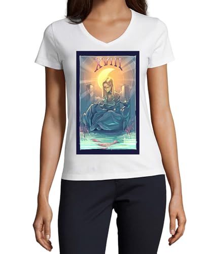 T-shirt Col V Femme Tarot The Moon en Pur Coton Doux et Respirant Taille XXL
