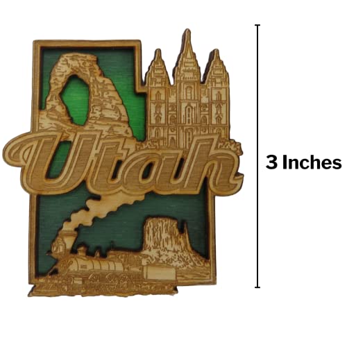 Wooden Utah Montage Carved Painted Magnet, Rustic State Souvenir Gifts Or Collectible Accessories For Refrigerators, Lockers, Or Whiteboards, 3 Inches #TOP2