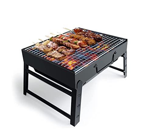 HTUK® Barbecue portable pliable au charbon de bois pour barbecue en plein air avec fumoir en acier inoxydable pour pique-nique, jardin, terrasse, camping, voyage 36 cm x 29 cm x 7,5 cm