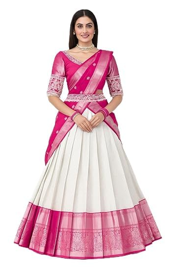 ZEOUL Women's Indian Traditional Kanjivaram Silk Pure Weaving Lehenga Choli Along With Dupatta And Blouse Piece, Half Saree (Unstitched)