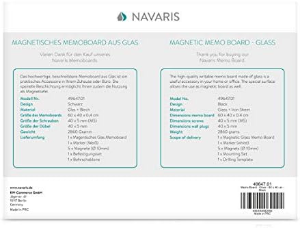 Navaris Magnetic Glass Board Black - 60 x 40 cm Dry Wipe Writing Memo Notice Whiteboard for Wall, Kitchen, Office - Includes Marker and Magnets