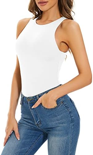 Kepblom White Tank Top Bodysuit For Women Sexy Sleeveless Racer Back Halter Neck Bodysuits,L