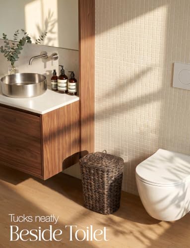 Image of Tidita 3 Gallon Large Wicker Trash Can with Lid, Boho Bathroom Garbage Can | Water Hyacinth Construction, Space-Saving Shape, Reinforced Inner Iron Frame, Removable Liner For Easy Emptying, Black Color