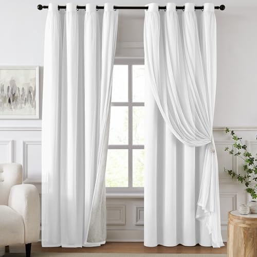 Image of 100% Blackout Curtains for Bedroom, Double Layer White Curtains, Black Out Curtain 72 inch Long with Sheer Overlay for Living Room, Room Darkening Window Drapes with Grommet, 52 inch W x 72 inch L