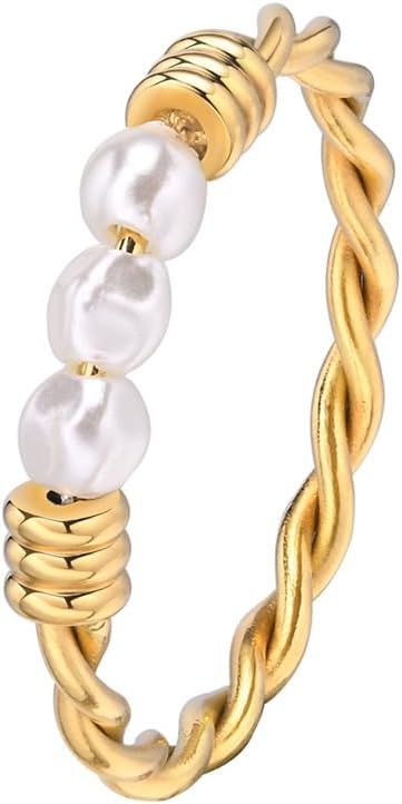 Kokoma Pearl Twisted Ring for Women Minimalist Stainless Steel Finger Band Dainty Pearls Stacking Rings Bands Statement Wedding Jewelry