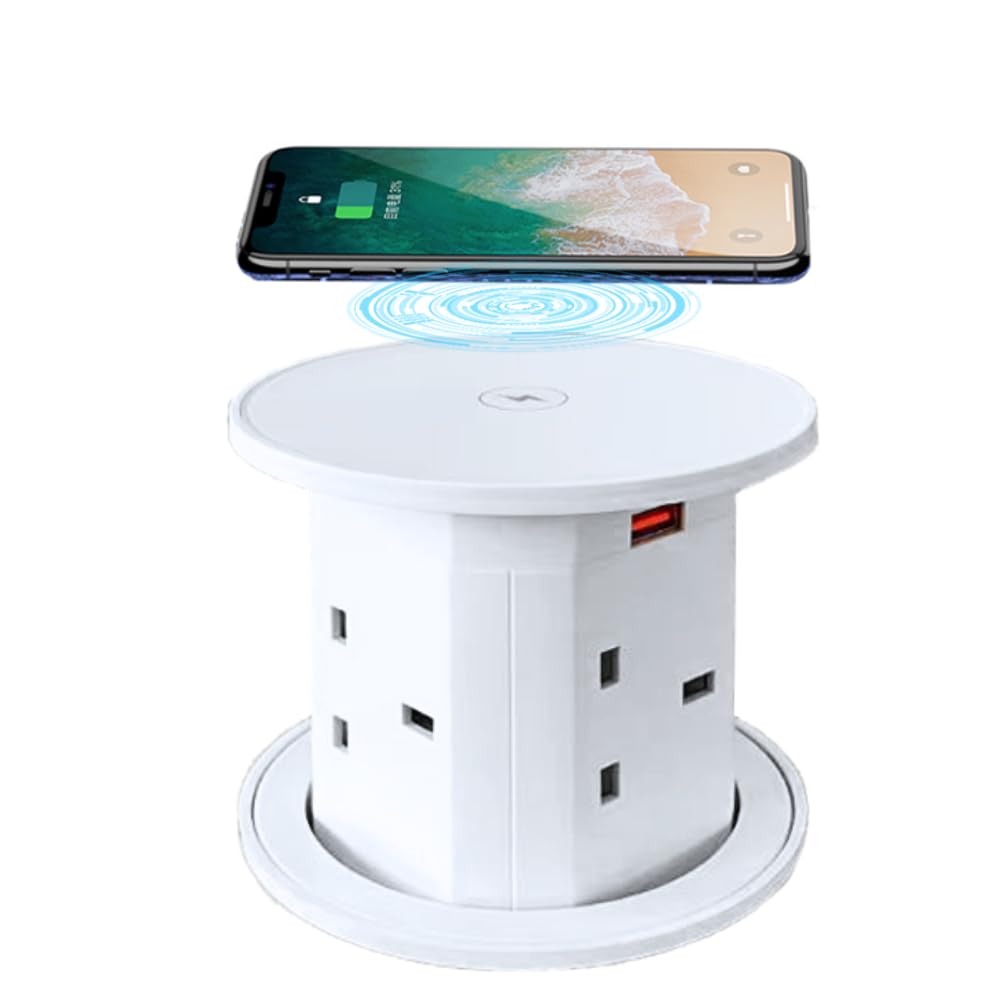 ZESHAN Four-Sided Pop up Power Outlet with Wireless Charger, 2 USB C and 1 USB A Fast Charging for Home,Office or Conference Room, White