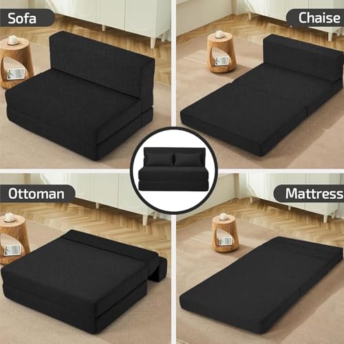 Image of Los Angeles Foldable One Seater Sofa Cum Bed, Sofa Bed 3 X 6 Feet, Jute Fabric Washable Cover- Including One Cushion Perfect for Home & Office, Guest Room - Black Color