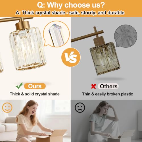 Image of Modern Crystal Bathroom Vanity Light, 4-Light Gold Bathroom Light Fixtures Over Mirror, Crystal Vanity Light with Brushed Gold Finish (Bulbs Not Included)