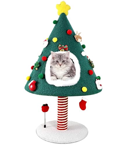 PuzzlePaw Chirstmas Cat Tree Tower with Scratching Post Scratcher for Indoor Cats,Cat Chirstmas Tree,Cat Activity Center Play Cat House Condo Cat Bed with Sock Toys and Gift Box Toy