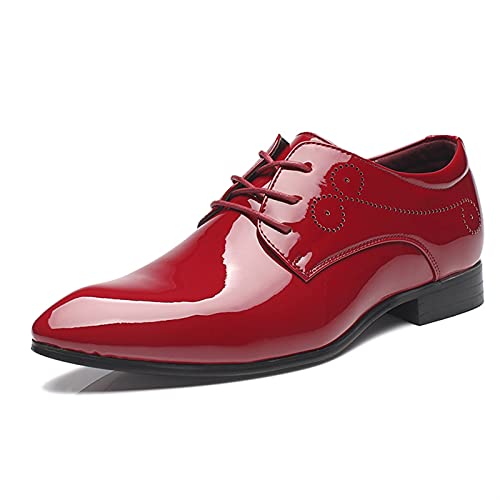 Dress Shoes for Men Lace Up Derby Shoes Pointed Toe PU Leather Low Top Slip Resistant Rubber Sole Anti-Slip Block Heel Classic(Red,10 M US)