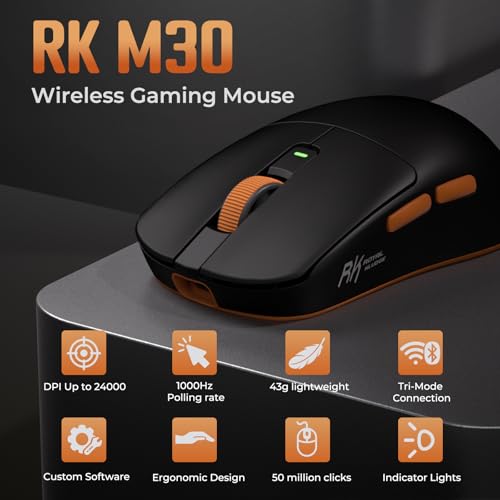 RK ROYAL KLUDGE M30 Gaming Mouse Wireless, 12000 DPI PixArt PAW3311 Sensor, 41g Ultralight, 1000Hz Polling Rate, 2.4G/USB-C/Bluetooth Maus Gaming, 250mAh, Voll programmierbare Tasten, Schwarz – Bild 3