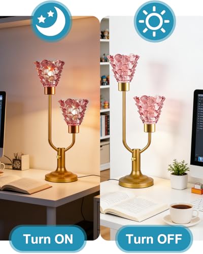 Image of Lightdot Mid Century Modern Glass Table Lamp Dimmable Vintage Pink Lamp | Nightstand Lamp Gold Desk Lamp 2 Bulbs Included 3000K Warmwhite Ambient Bedside Lamps for Bedroom Living Room Home Decor Gift