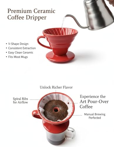 Image of Ceramic Pour Over Coffee Dripper, V60-02-Red, Reusable Coffee Filter Cone for Manual Brewing, Single Cup Coffee Maker,