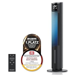 Brandson - Turmventilator mit Wasserkühlung ECO GREEN - sehr leise - Wifi Smart Home/Alexa Sprachsteuerung - Sieger Ventilatoren und Luftkühler 2026 – Klimaanlage mobil - Standventilator – Oszillation