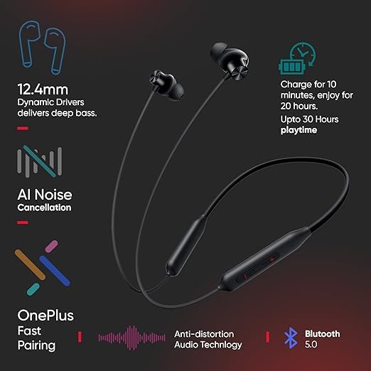 Image of for OnePlus Wireless Z2 in-Ear Neckband with 12.4mm Drivers, 3D Spatial Audio,10 mins Charge for 27 hrs Playback, AI Call Noise Cancellation, 4 EQ preset (Full Black)