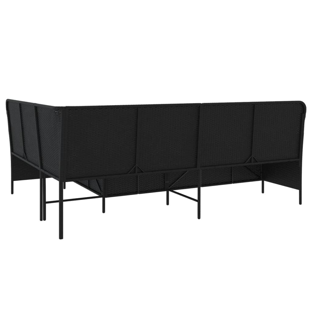 Divano angolare da giardino a forma di L, 5 posti, in polyrattan, nero, con cuscino