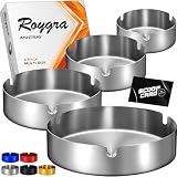 roygra Ash Tray (4 Pack), Outdoor Ashtray for Outside Patio, Stainless Steel Ashtrays for Cigarettes with 3 Holder, Smoking Accessories, Home Décor, Ashtrays for Smokers Indoor - 8-9-10-12cm - Silver