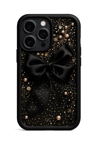 Image of COVERLY Black Bow Glitter Back Case for iPhone 12 Pro | 3D Minimalist Pearl Ribbon Cute Design | Camera Lens Protection | Soft TPU Silicone Aesthetic Print Cover for Girls & Women (Black, Shockproof)