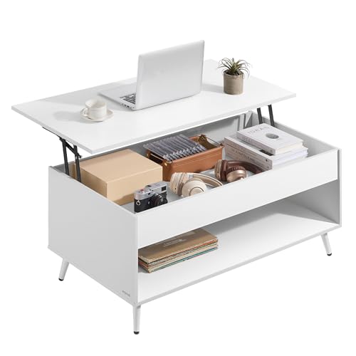 VASAGLE Table Basse, Table Basse Relevable, Vérin à Gaz, Compartiment sous Le Plateau, 1 Compartiment Ouvert, pour Salon, Bureau, Salle à Manger, Blanc...