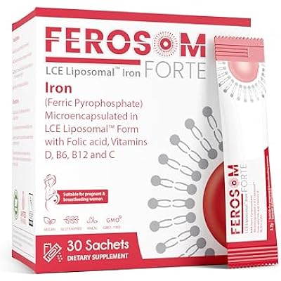 LCE Liposomal Iron Powder 21mg Elemental Iron With Vitamins B12, B6, C, D & Folic Acid Gentle Berry-Flavored Supplement Drink, 30 Vegan Sachets