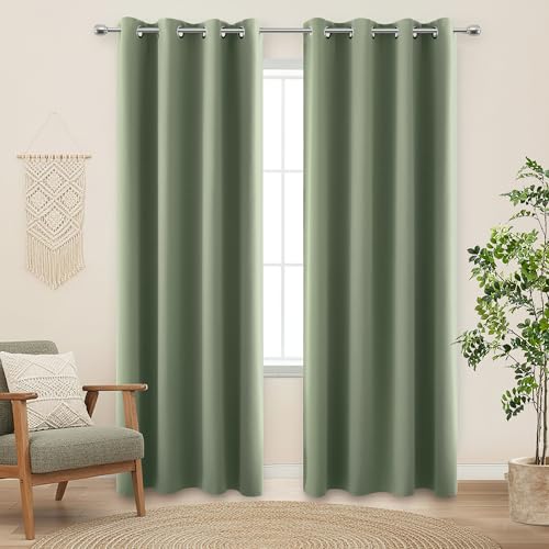 Sage Green Blackout Curtains 2 Panels, Rideau Opaque, Spring Boho Black Out Sound Proof Darkening Grommet Thermal Insulated Window Curtains Drapes 84 Inch Long for Bedroom Living Room by KOUFALL - Used condition - CA$19.11