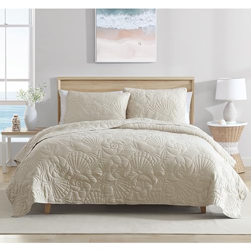 Caribbean Joe Full/Queen Outlined Shell 3-Piece Quilt Set, Coastal Beach Design Bedding, Sand