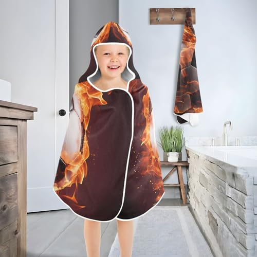 Image of Soccer Sport Fire Hooded Beach Towel for Kids, Kids Bath Hooded Towels for Boys Girls, Super Soft Absorbent Bathrobe with Hood for Swin Pool 50 inchx23.5 inch