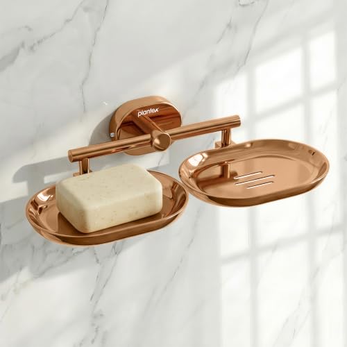 Image of Plantex J4 Stainless Steel Double Soap Dish for Bathroom /Soap Holder for Bathroom /Wall Mounted Soap Holder /Bathroom Accessories (PVD Rose Gold Finish) Onix